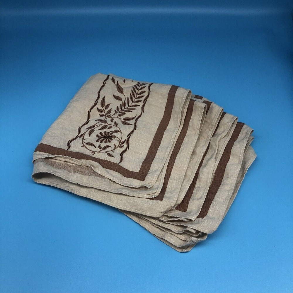 Vintage Napkin Set of  (4) Cotton Linen Fabric Beige Pink With Brown Leaves
